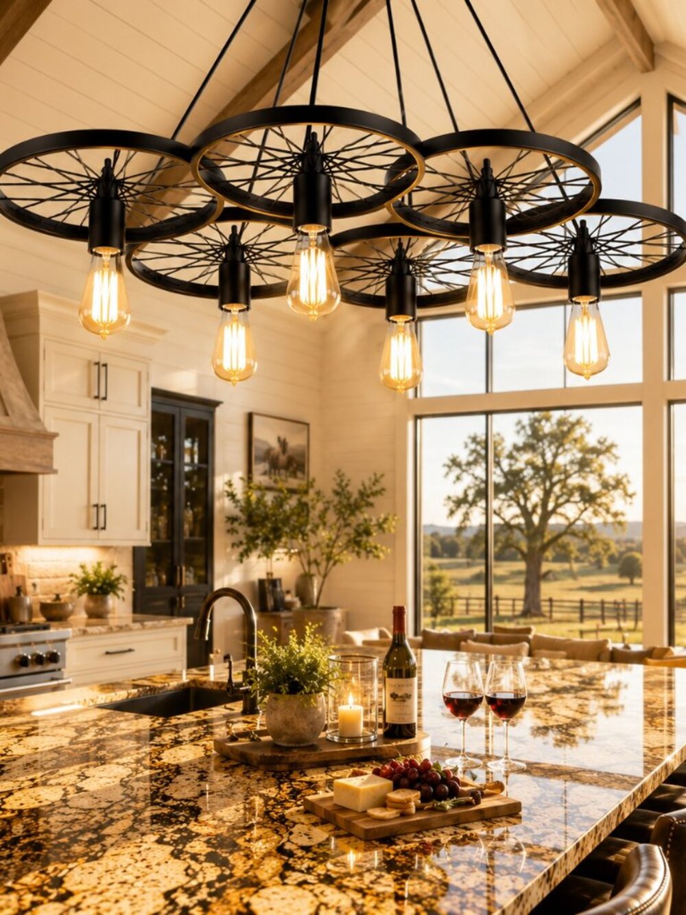 Farmhouse Chandelier 6 Light Matte Black Wagon Wheel Ceiling Light Fixture 42"